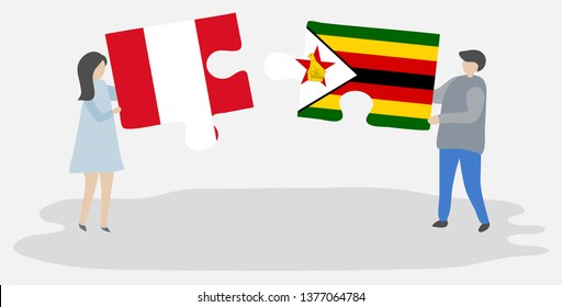 Couple holding two puzzles pieces with Peruvian and Zimbabwean flags. Peru and Zimbabwe national symbols together.