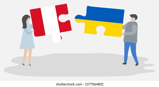 Couple holding two puzzles pieces with Peruvian and Ukrainian flags. Peru and Ukraine national symbols together.