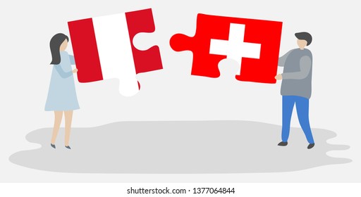 Couple holding two puzzles pieces with Peruvian and Swiss flags. Peru and Switzerland national symbols together.