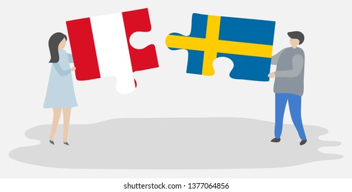 Couple holding two puzzles pieces with Peruvian and Swedish flags. Peru and Sweden national symbols together.