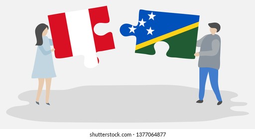 Couple holding two puzzles pieces with Peruvian and Solomon Island flags. Peru and Solomon Islands national symbols together.