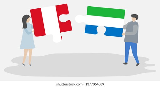 Couple holding two puzzles pieces with Peruvian and Sierra Leonean flags. Peru and Sierra Leone national symbols together.