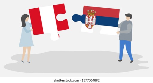 Couple holding two puzzles pieces with Peruvian and Serbian flags. Peru and Serbia national symbols together.