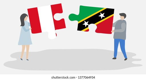 Couple holding two puzzles pieces with Peruvian and Kittitian flags. Peru and Saint Kitts and Nevis national symbols together.