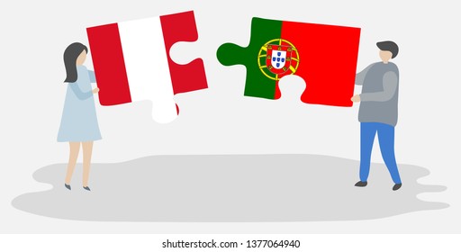 Couple holding two puzzles pieces with Peruvian and Portuguese flags. Peru and Portugal national symbols together.