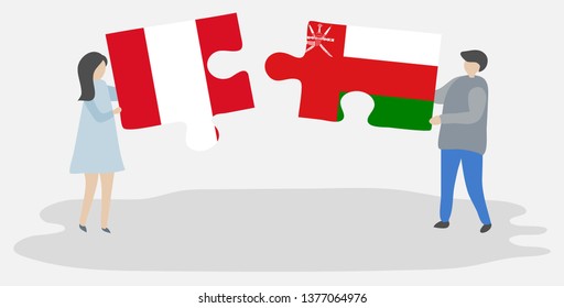 Couple holding two puzzles pieces with Peruvian and Omani flags. Peru and Oman national symbols together.