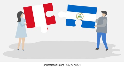 Couple holding two puzzles pieces with Peruvian and Nicaraguan flags. Peru and Nicaragua national symbols together.