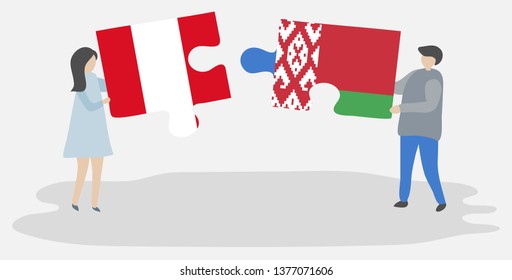 Couple holding two puzzles pieces with Peruvian and Belarusian flags. Peru and Belarus national symbols together.