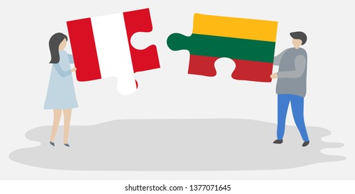 Couple holding two puzzles pieces with Peruvian and Lithuanian flags. Peru and Lithuania national symbols together.