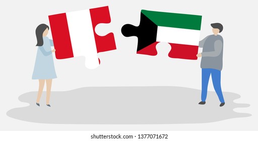 Couple holding two puzzles pieces with Peruvian and Kuwaiti flags. Peru and Kuwait national symbols together.