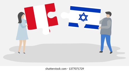 Couple holding two puzzles pieces with Peruvian and Israeli flags. Peru and Israel national symbols together.