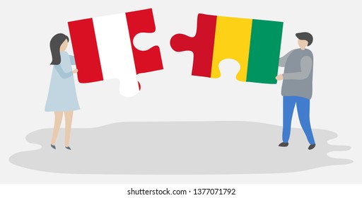 Couple holding two puzzles pieces with Peruvian and Guinean flags. Peru and Guinea national symbols together.
