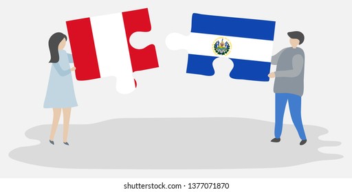 Couple holding two puzzles pieces with Peruvian and Salvadoran flags. Peru and El Salvador national symbols together.