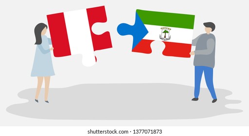 Couple holding two puzzles pieces with Peruvian and Equatorial Guinean flags. Peru and Equatorial Guinea national symbols together.