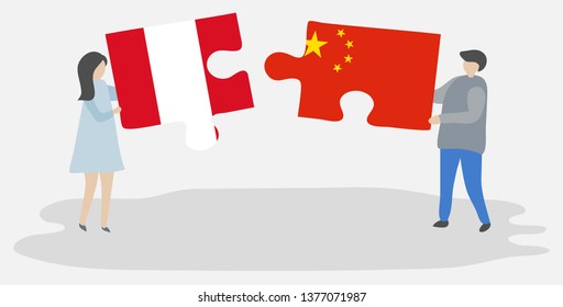 Couple holding two puzzles pieces with Peruvian and Chinese flags. Peru and China national symbols together.