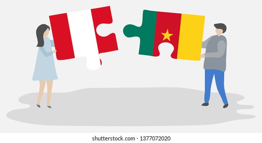 Couple holding two puzzles pieces with Peruvian and Cameroonian flags. Peru and Cameroon national symbols together.