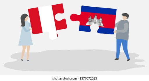 Couple holding two puzzles pieces with Peruvian and Cambodian flags. Peru and Cambodia national symbols together.