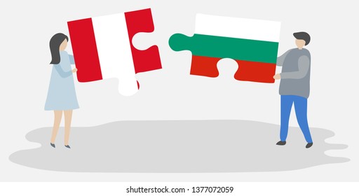 Couple holding two puzzles pieces with Peruvian and Bulgarian flags. Peru and Bulgaria national symbols together.
