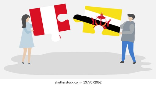 Couple holding two puzzles pieces with Peruvian and Bruneian flags. Peru and Brunei national symbols together.