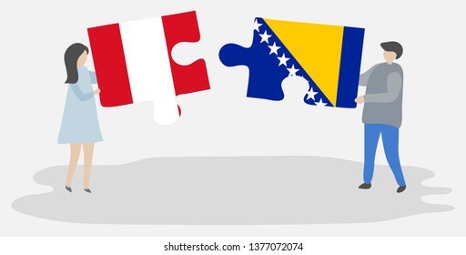 Couple holding two puzzles pieces with Peruvian and Bosnian flags. Peru and Bosnia and Herzegovina national symbols together.