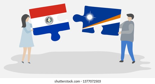 Couple holding two puzzles pieces with Paraguayan and Marshallese flags. Paraguay and Marshall Islands national symbols together.