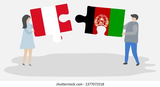 Couple holding two puzzles pieces with Peruvian and Afghan flags. Peru and Afghanistan national symbols together.