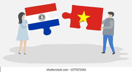 Couple holding two puzzles pieces with Paraguayan and Vietnamese flags. Paraguay and Vietnam national symbols together.