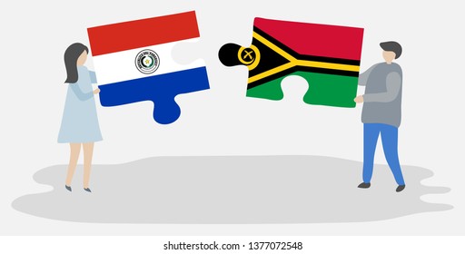 Couple holding two puzzles pieces with Paraguayan and Vanuatuan flags. Paraguay and Vanuatu national symbols together.
