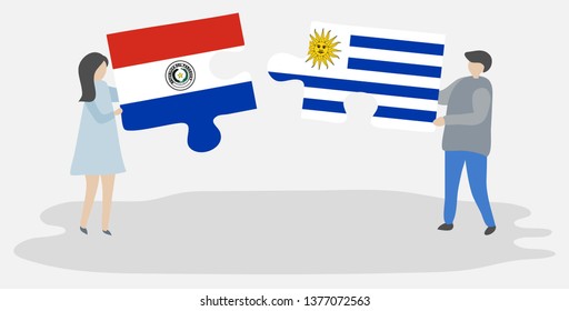 Couple holding two puzzles pieces with Paraguayan and Uruguayan flags. Paraguay and Uruguay national symbols together.