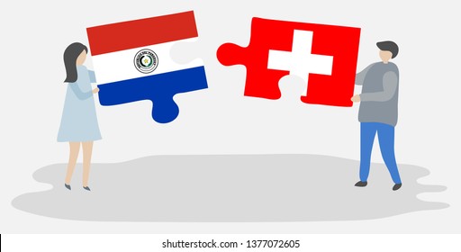 Couple holding two puzzles pieces with Paraguayan and Swiss flags. Paraguay and Switzerland national symbols together.