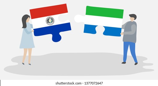 Couple holding two puzzles pieces with Paraguayan and Sierra Leonean flags. Paraguay and Sierra Leone national symbols together.