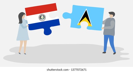 Couple holding two puzzles pieces with Paraguayan and Saint Lucian flags. Paraguay and Saint Lucia national symbols together.