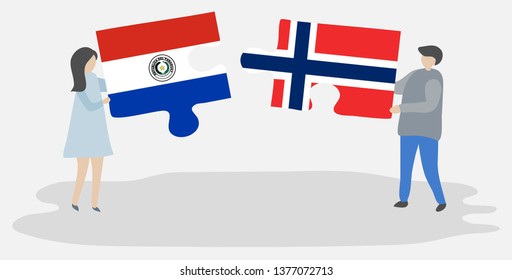 Couple holding two puzzles pieces with Paraguayan and Norwegian flags. Paraguay and Norway national symbols together.