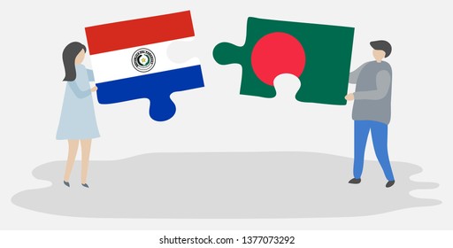 Couple holding two puzzles pieces with Paraguayan and Bangladeshi flags. Paraguay and Bangladesh national symbols together.