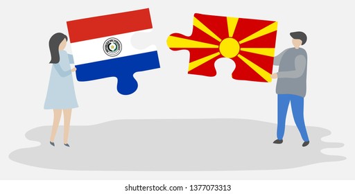 Couple holding two puzzles pieces with Paraguayan and Macedonian flags. Paraguay and Macedonia national symbols together.