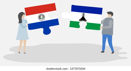 Couple holding two puzzles pieces with Paraguayan and Basotho flags. Paraguay and Lesotho national symbols together.