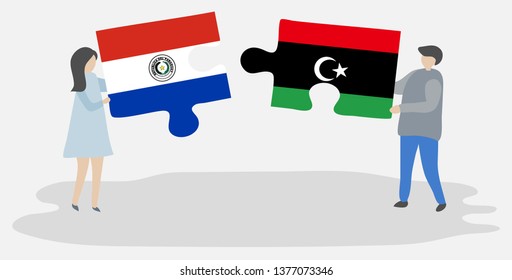 Couple holding two puzzles pieces with Paraguayan and Libyan flags. Paraguay and Libya national symbols together.