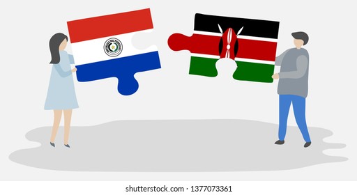 Couple holding two puzzles pieces with Paraguayan and Kenyan flags. Paraguay and Kenya national symbols together.