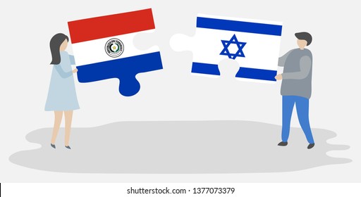 Couple holding two puzzles pieces with Paraguayan and Israeli flags. Paraguay and Israel national symbols together.