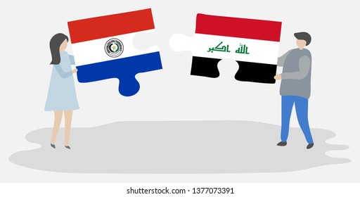 Couple holding two puzzles pieces with Paraguayan and Iraqi flags. Paraguay and Iraq national symbols together.