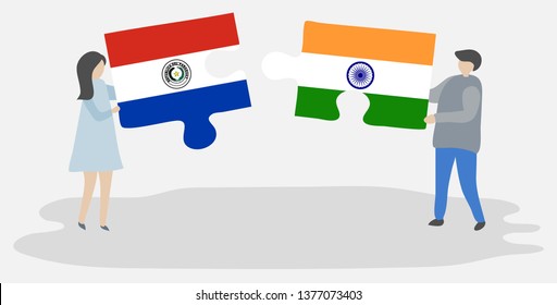 Couple holding two puzzles pieces with Paraguayan and Indian flags. Paraguay and India national symbols together.