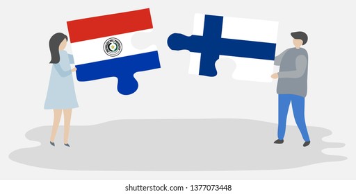 Couple holding two puzzles pieces with Paraguayan and Finnish flags. Paraguay and Finland national symbols together.