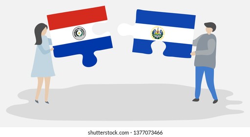 Couple holding two puzzles pieces with Paraguayan and Salvadoran flags. Paraguay and El Salvador national symbols together.