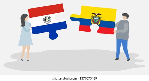 Couple holding two puzzles pieces with Paraguayan and Ecuadorian flags. Paraguay and Ecuador national symbols together.