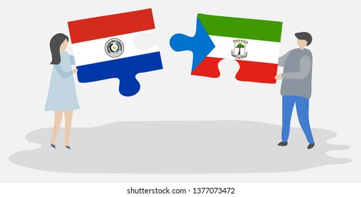 Couple holding two puzzles pieces with Paraguayan and Equatorial Guinean flags. Paraguay and Equatorial Guinea national symbols together.