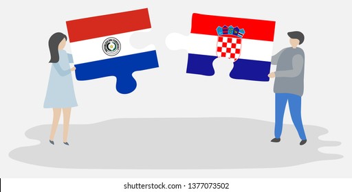 Couple holding two puzzles pieces with Paraguayan and Croatian flags. Paraguay and Croatia national symbols together.