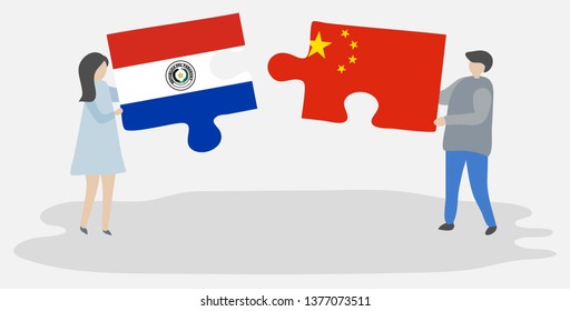Couple holding two puzzles pieces with Paraguayan and Chinese flags. Paraguay and China national symbols together.