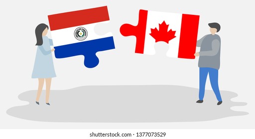 Couple holding two puzzles pieces with Paraguayan and Canadian flags. Paraguay and Canada national symbols together.