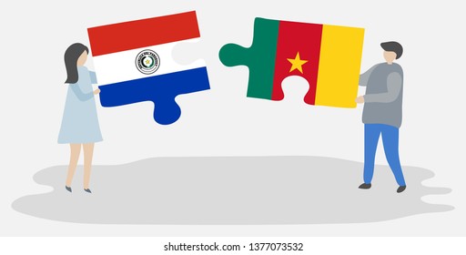 Couple holding two puzzles pieces with Paraguayan and Cameroonian flags. Paraguay and Cameroon national symbols together.