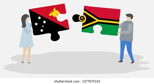 Couple holding two puzzles pieces with Papuan and Vanuatuan flags. Papua New Guinea and Vanuatu national symbols together.